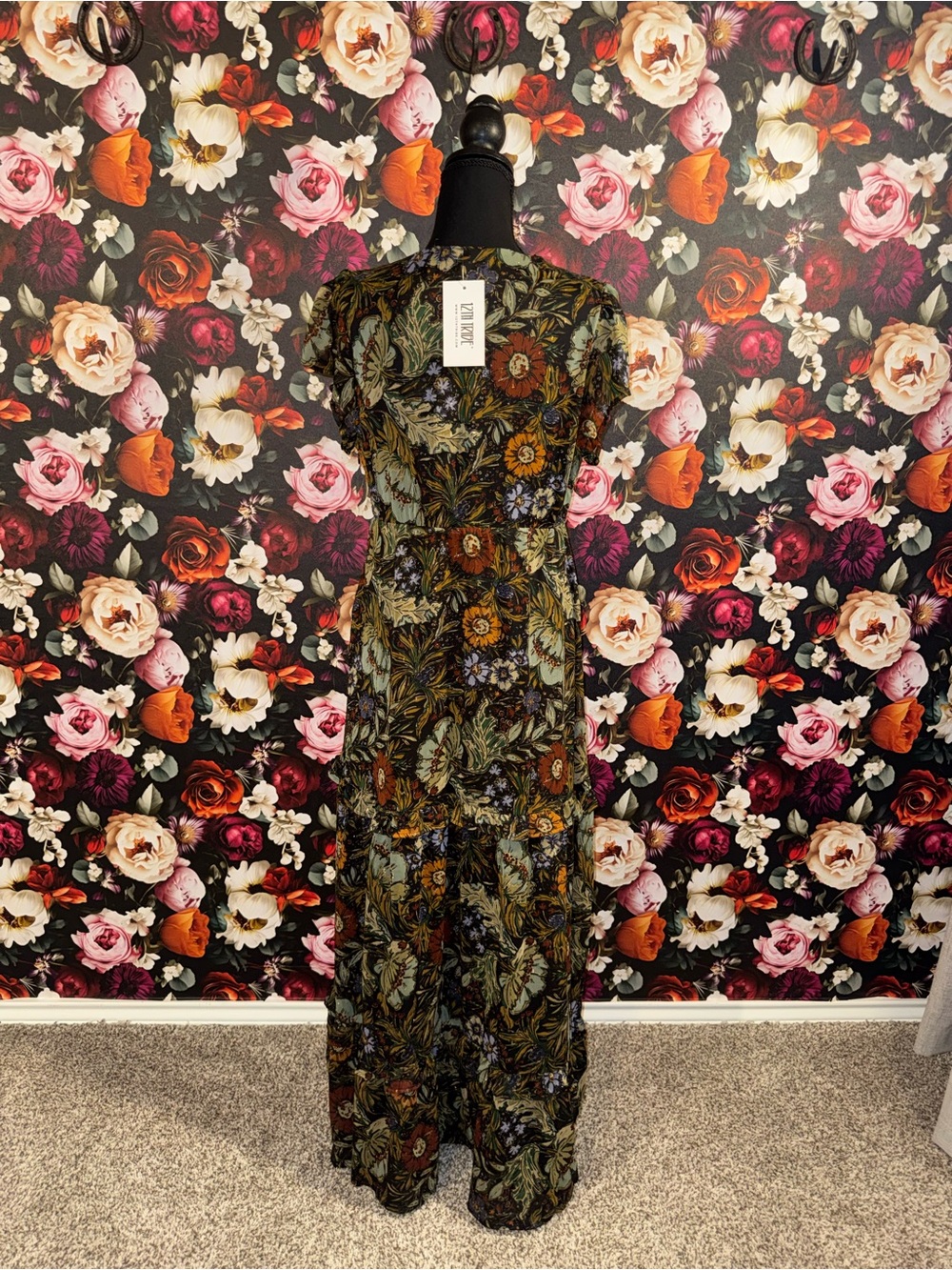 12th Tribe Black Floral Deep V-Neck Tiered Maxi Dress, Large, NWT - Picture 3 of 15